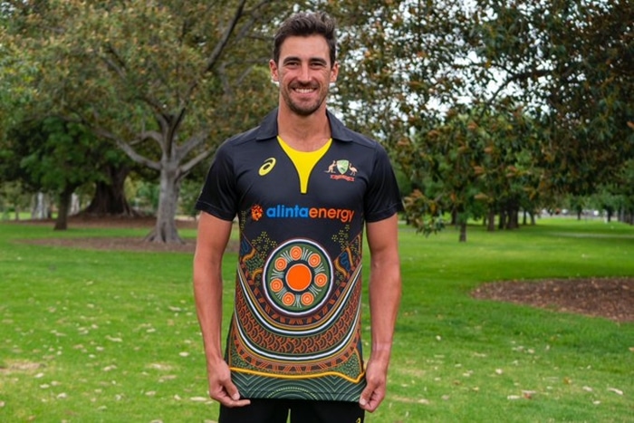 Mitchell Starc displays the first look of Indigenous jersey