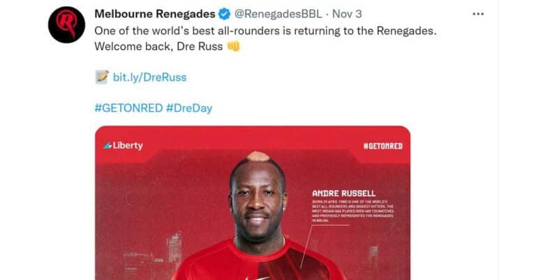 How many games will Andre Russell play in BBL 12?