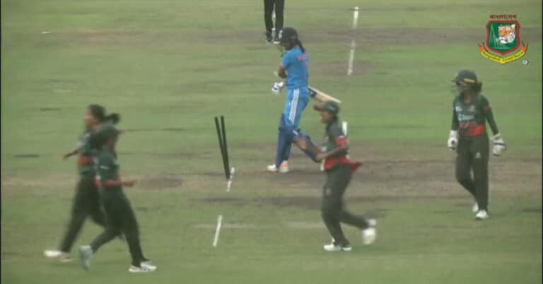Footage of Harmanpreet Kaur smashing stumps – captain criticised
