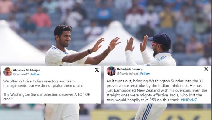 India fans react to a brilliant spell of 7/59 from Washington Sundar on day one of the 2nd Test against New Zealand at Pune.