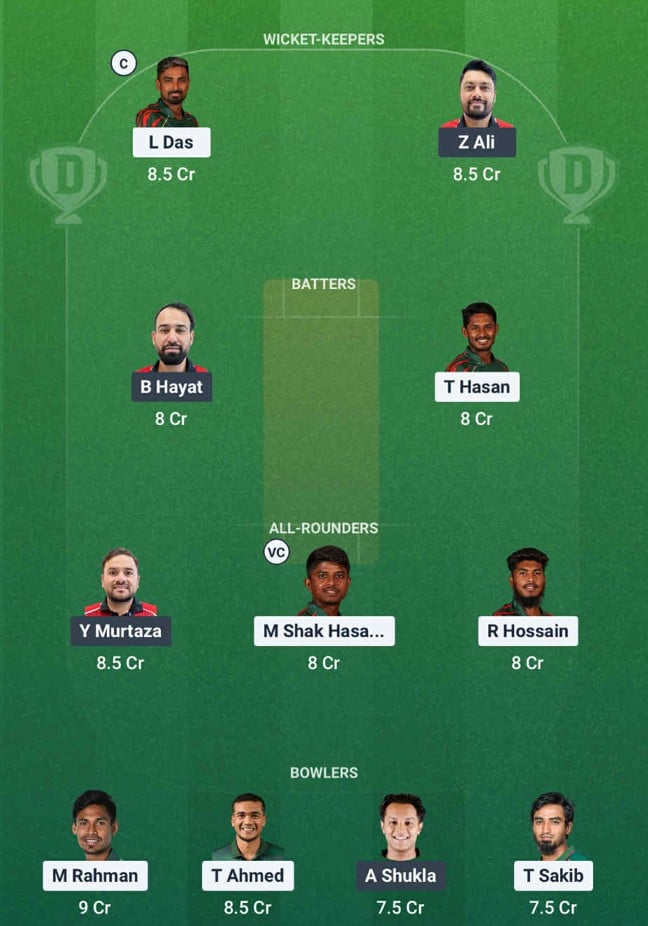 Screenshot of team from Dream11 app. Fantasy Cricket Tips, Dream11 Prediction, Possible XIs & Abu Dhabi Pitch Report for Asia Cup 2025 3rd match between BAN and HK.