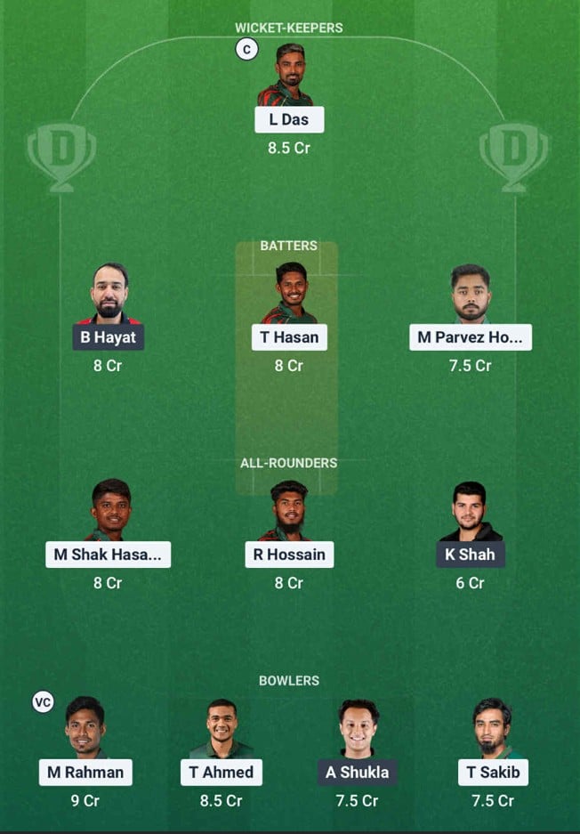 Screenshot of team from Dream11 app. Fantasy Cricket Tips, Dream11 Prediction, Possible XIs & Abu Dhabi Pitch Report for Asia Cup 2025 3rd match between BAN and HK.