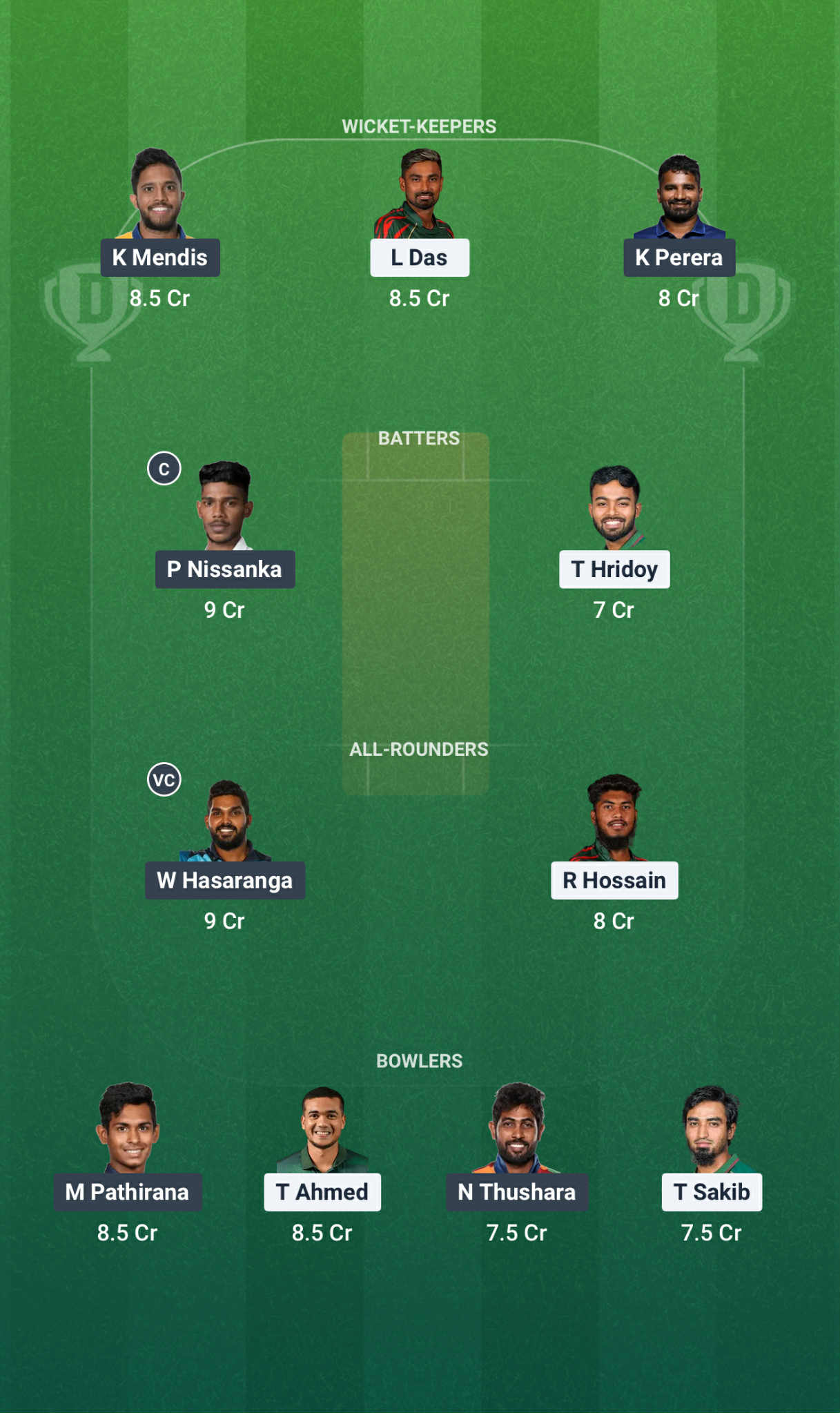 Screenshot from Dream11 app. Possible Playing XIs, Abu Dhabi Pitch Report, Fantasy Cricket Tips, Dream11 Prediction for the 5th match of 2025 Asia Cup BAN vs SL