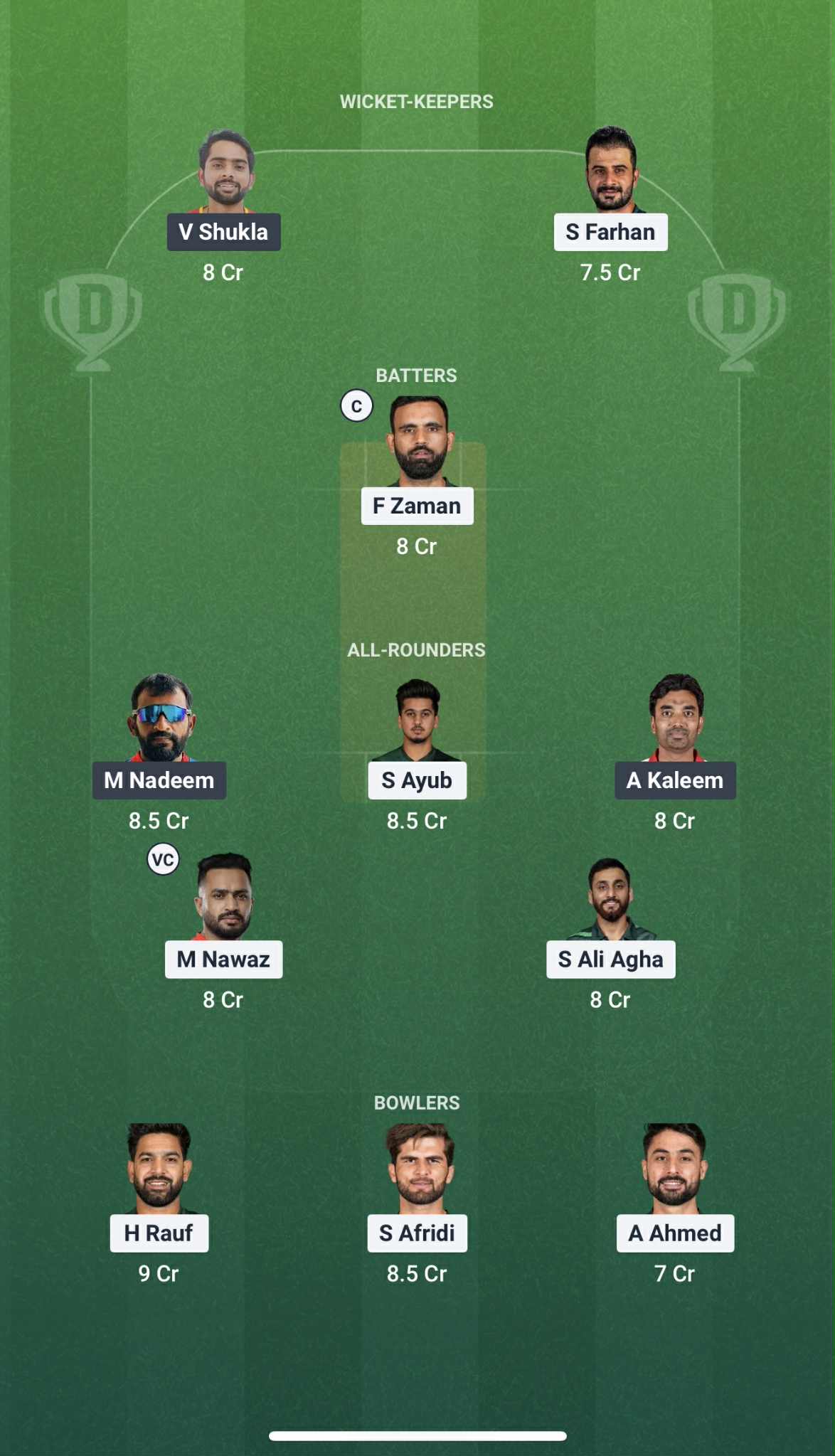 Screenshot from Dream11 app. Possible XIs, Fantasy Cricket Tips, Dubai Pitch Report and Dream11 Prediction for the 4th match of Asia Cup 2025 between PAK and OMA.