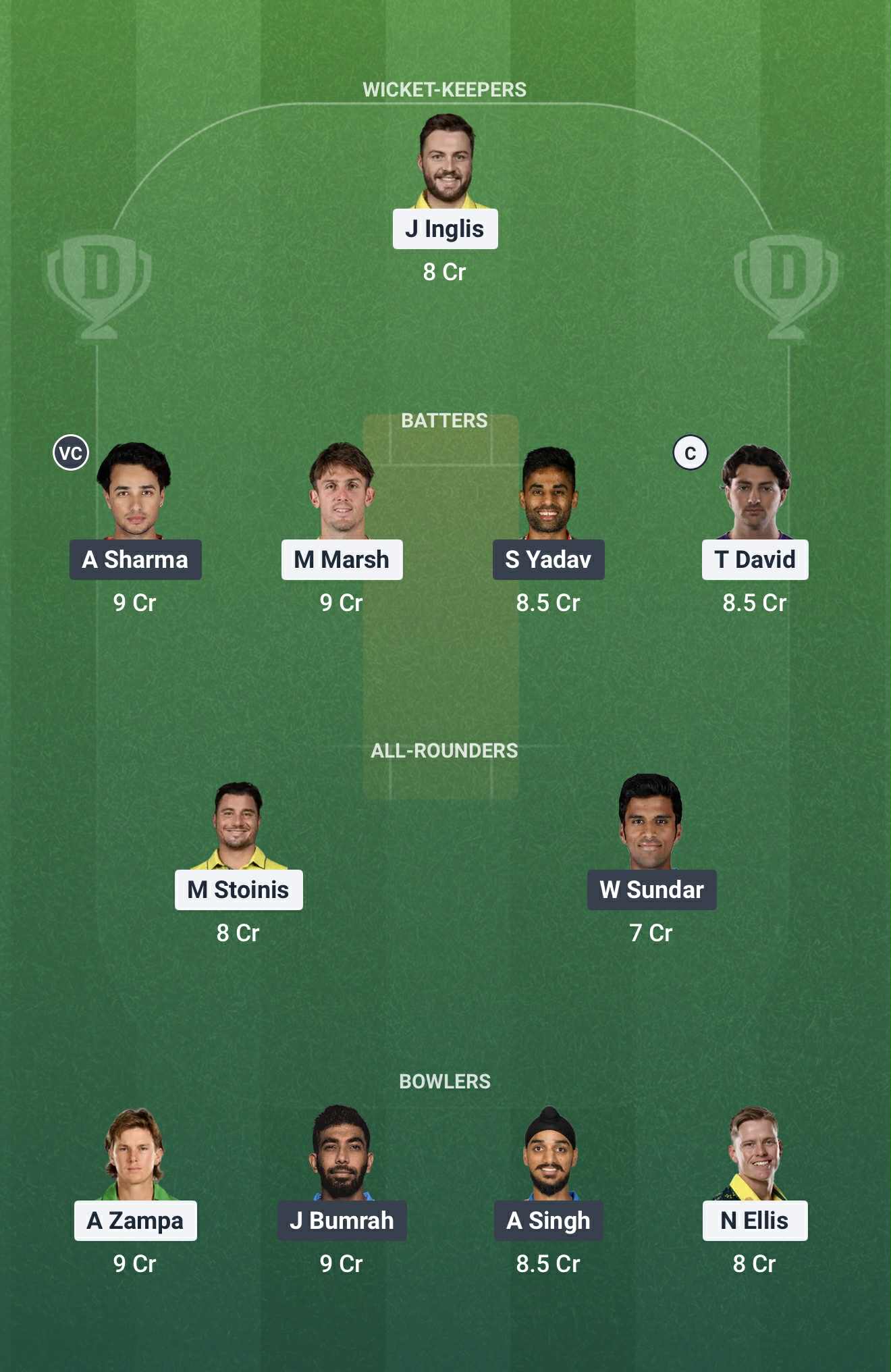Screenshot from Dream11 app. Possible XIs, Fantasy Cricket Tips, Gabba Pitch Report and Dream11 Prediction for the 5th AUS vs IND T20 on November 8th 2025.