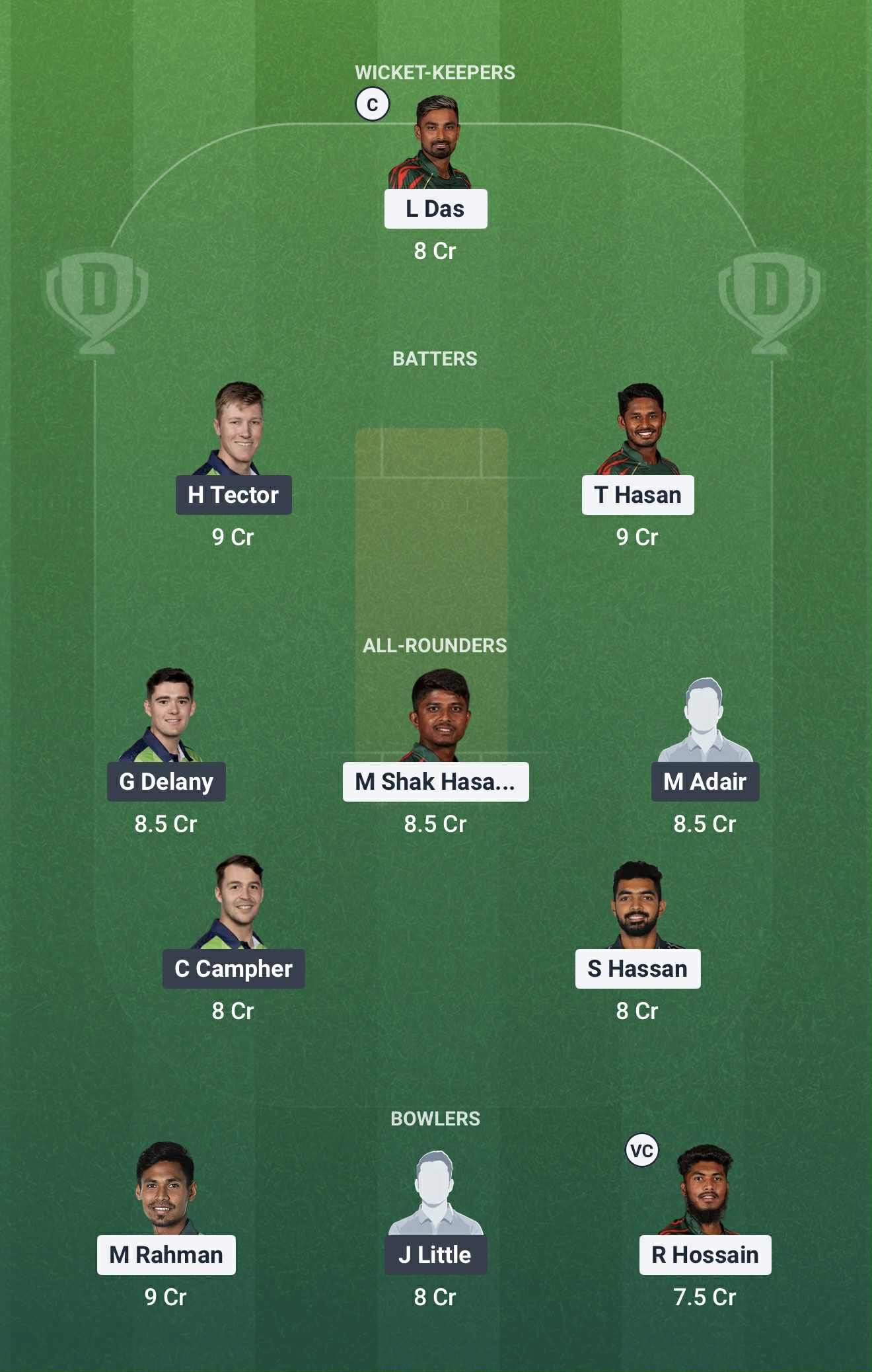 Screenshot from Dream11 app. Possible XIs, Fantasy Cricket Tips, Chattogram Pitch Report & Dream11 Prediction for BAN vs IRE 1st T20 2025 today.