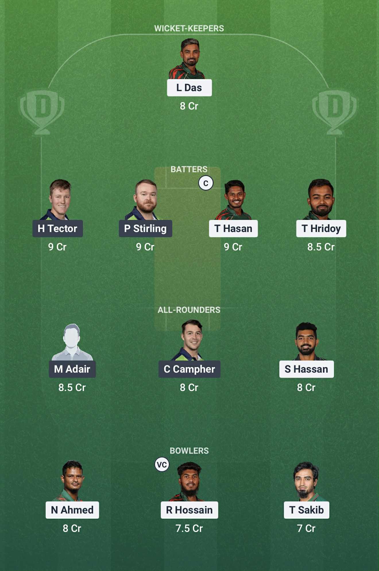 Screenshot from Dream11 app. Possible XIs, Fantasy Cricket Tips, Chattogram Pitch Report & Dream11 Prediction for BAN vs IRE 1st T20 2025 today.
