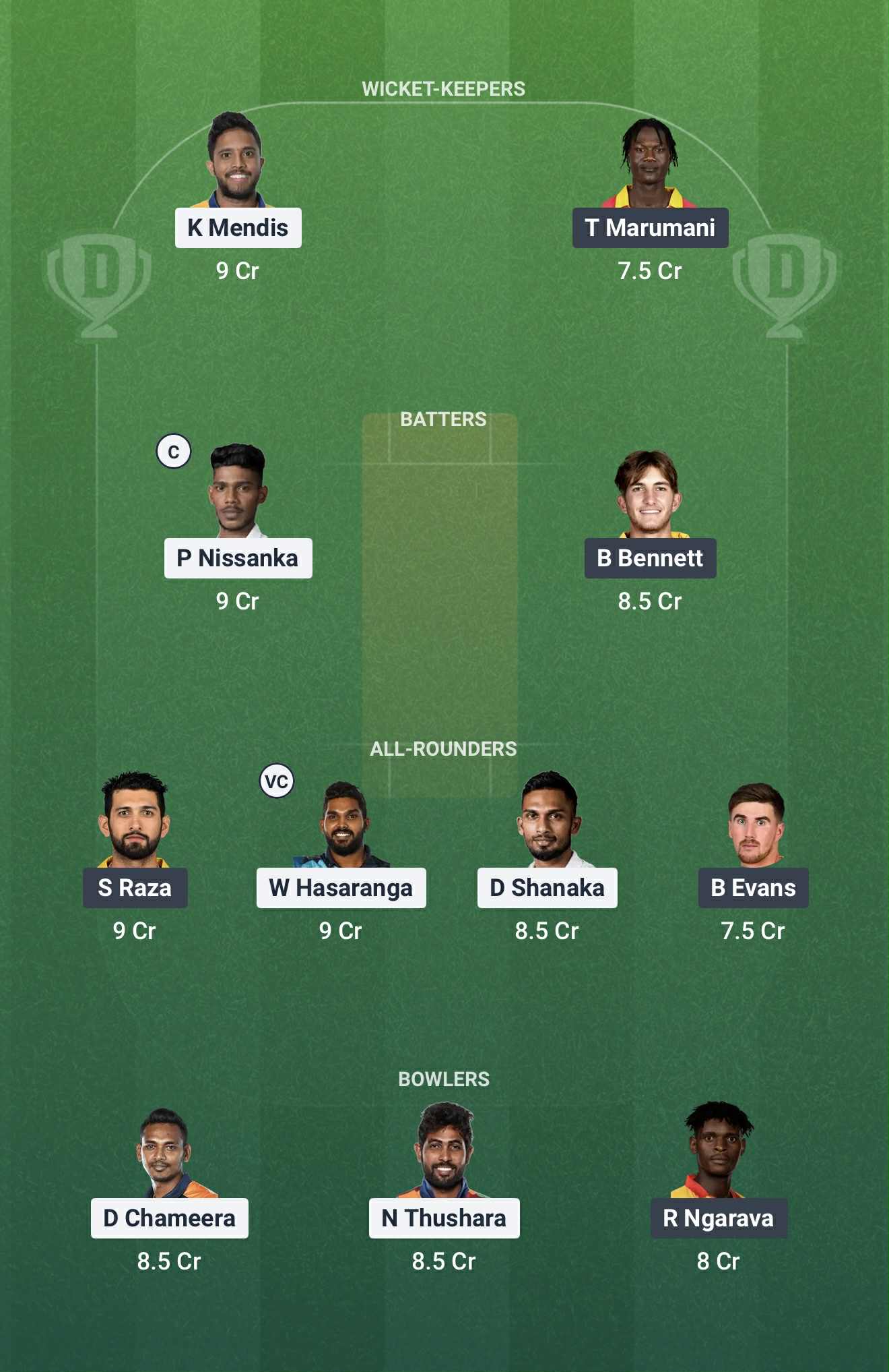 Screenshot from Dream11 app. Possible XIs, Fantasy Cricket Tips, Rawalpindi Pitch Report & Dream11 Prediction for SL vs ZIM today - 2nd Match of Pakistan T20 Tri-Series
