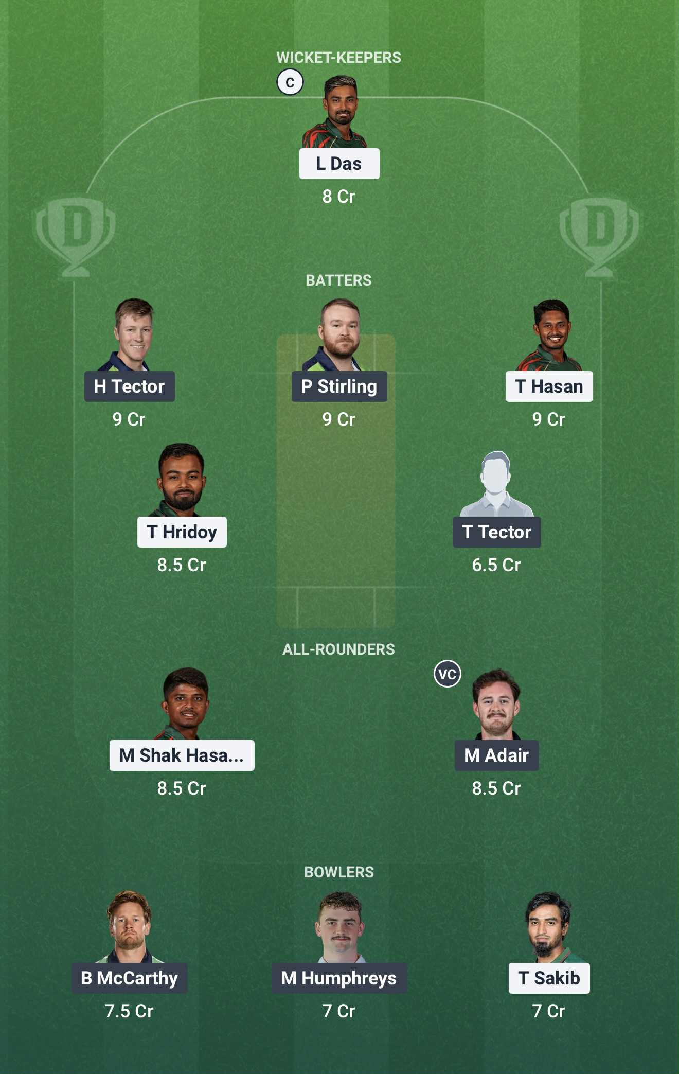 Screenshot from Dream11 app. Possible XIs, Fantasy Cricket Tips, Chattogram Pitch Report & Dream11 Prediction for BAN vs IRE 3rd T20 2025 today.