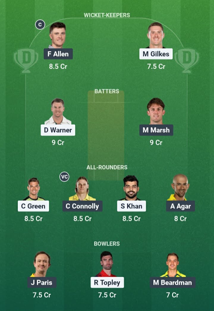Screenshot from a Dream11 app. Possible XIs, Fantasy Cricket Tips, Sydney Showground Pitch Report & Dream11 Prediction for the 16th Match of BBL 2025/26: THU vs SCO Today.