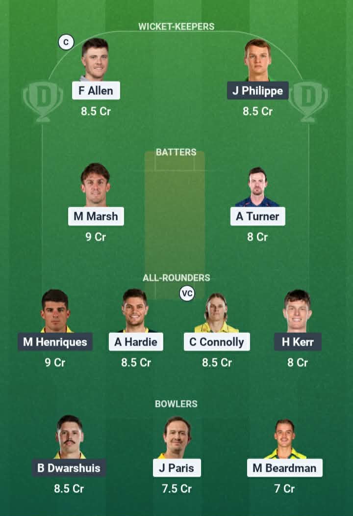 Screenshot from Dream11 app. Possible XIs, Fantasy Cricket Tips, Perth Pitch Report & Dream11 Prediction for the 1st Match of BBL 2025/26: SCO vs SIX Today
