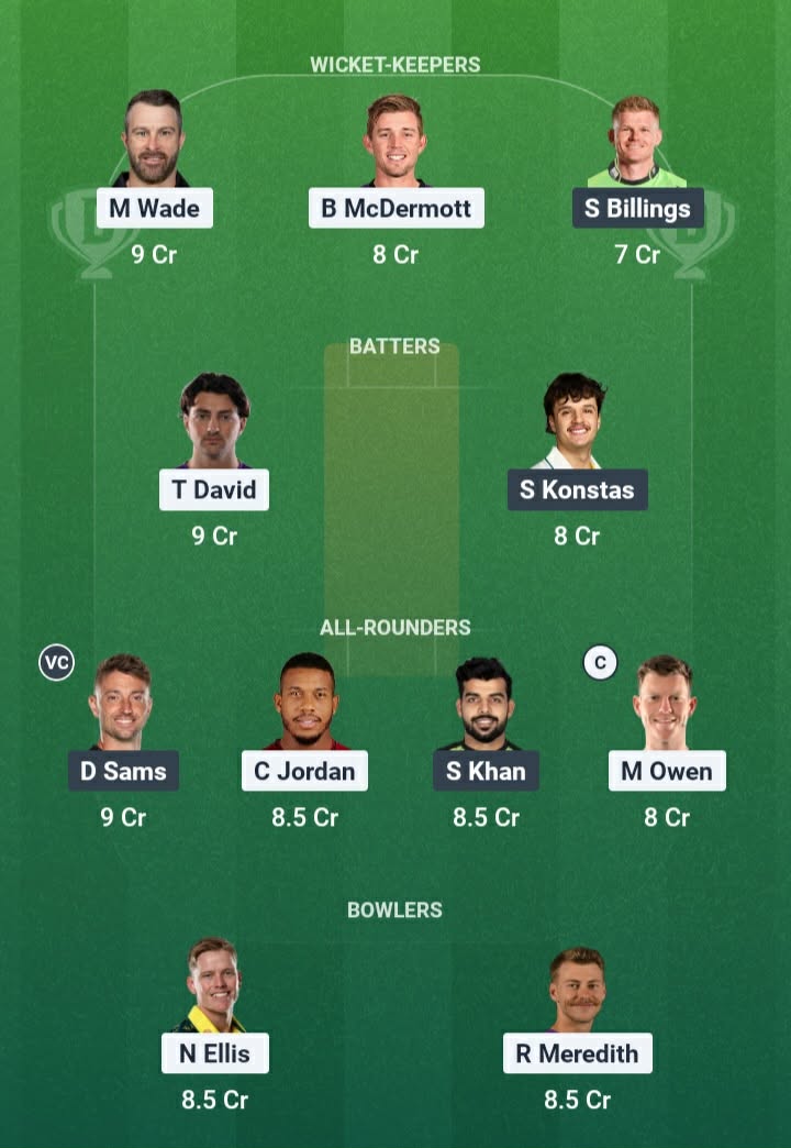 Screenshot from Dream11 app. Possible XIs, Fantasy Cricket Tips, Hobart Pitch Report & Dream11 Prediction for the 3rd Match of BBL 2025/26: HUR vs THU Today