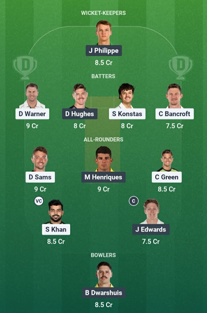 Screenshot from Dream11 app. Possible XIs, Fantasy Cricket Tips, Sydney Showground Pitch Report & Dream11 Prediction for the 7th Match of BBL 2025/26: THU vs SIX Today