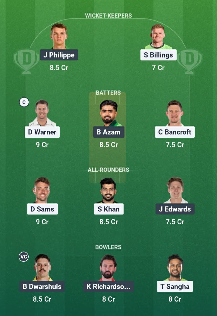 Screenshot from Dream11 app. Possible XIs, Fantasy Cricket Tips, Sydney Showground Pitch Report & Dream11 Prediction for the 7th Match of BBL 2025/26: THU vs SIX Today