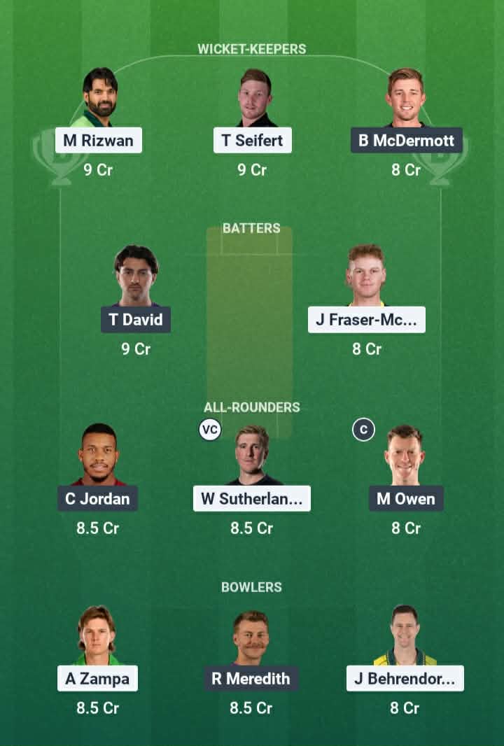 Screenshot from Dream11 app. Possible XIs, Fantasy Cricket Tips, Geelong Pitch Report & Dream11 Prediction for the 8th Match of BBL 2025/26: REN vs HUR Today.