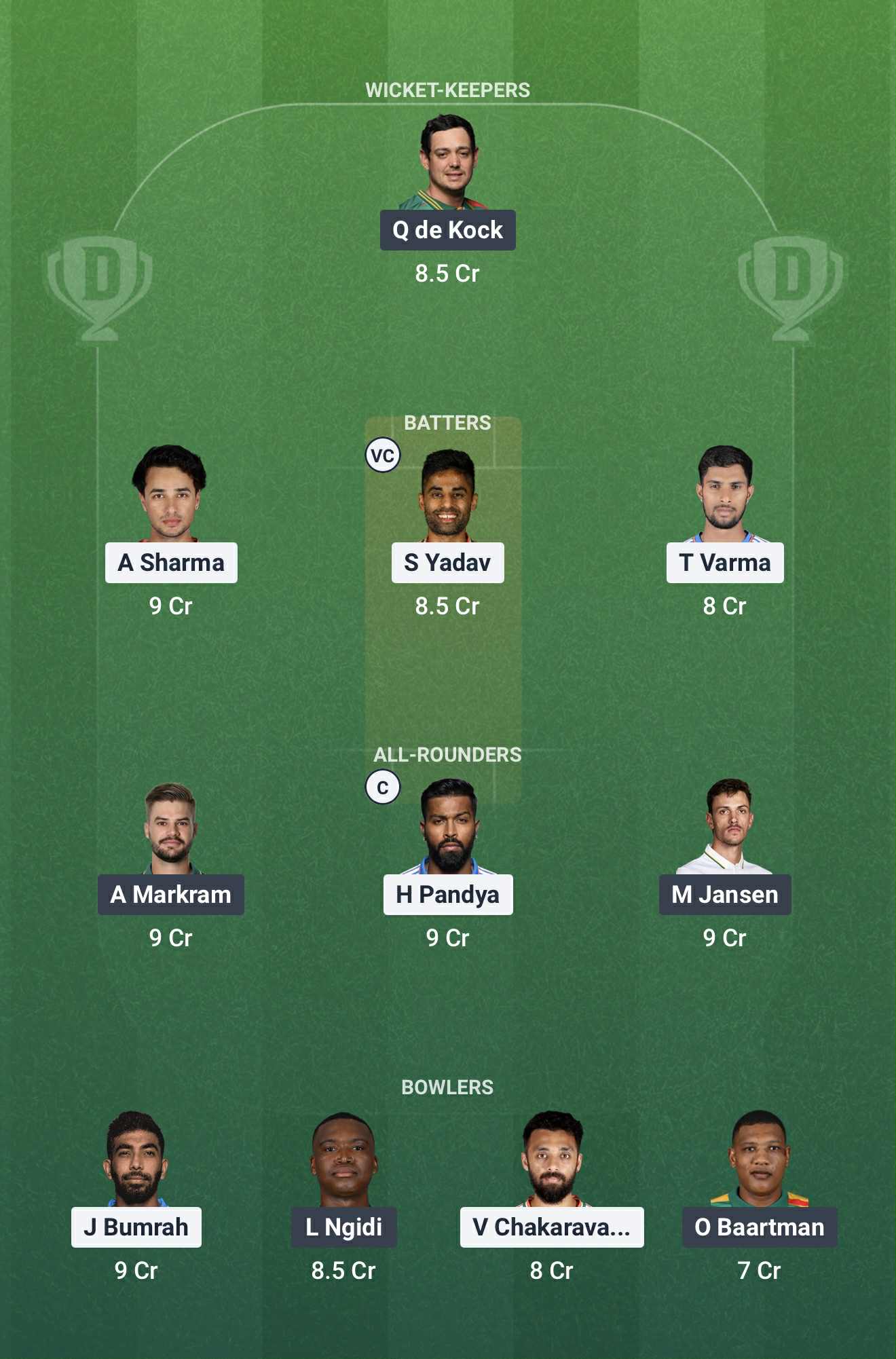Screenshot from Dream11 app. Possible XIs, Fantasy Cricket Tips, Dharamsala Pitch Report & Dream11 Prediction for IND vs SA 3rd T20 2025 Today.