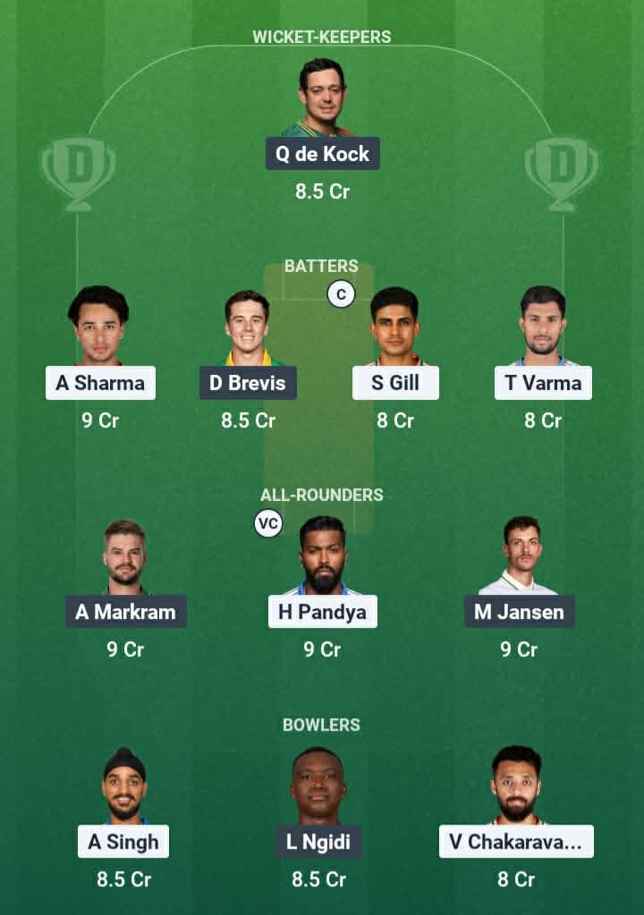 Screenshot from Dream11 app. Possible XIs, Fantasy Cricket Tips, Ahmedabad Pitch Report & Dream11 Prediction for IND vs SA 5th T20 2025 Today.