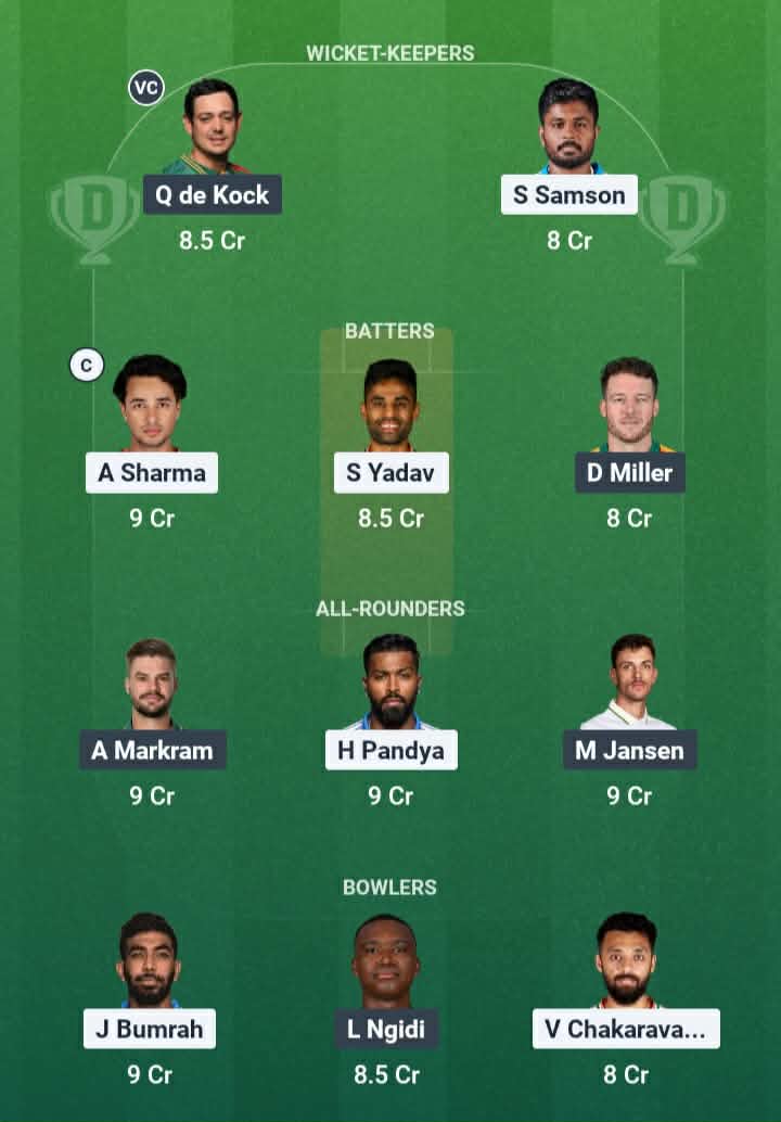 Screenshot from Dream11 app. Possible XIs, Fantasy Cricket Tips, Ahmedabad Pitch Report & Dream11 Prediction for IND vs SA 5th T20 2025 Today.
