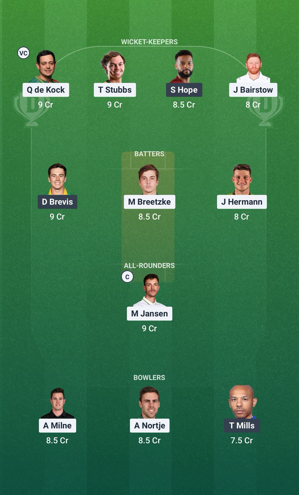 Screenshot from Dream11 app. Possible XIs, Fantasy Cricket Tips, Qbeberha Pitch Report & Dream11 Prediction for the 5th Match of SA20 2025/26: SEC vs PC Today.