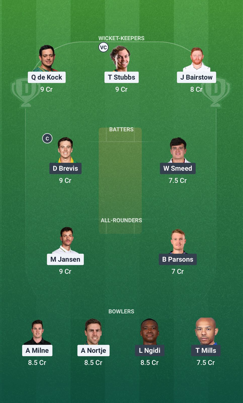 Screenshot from Dream11 app. Possible XIs, Fantasy Cricket Tips, Qbeberha Pitch Report & Dream11 Prediction for the 5th Match of SA20 2025/26: SEC vs PC Today.