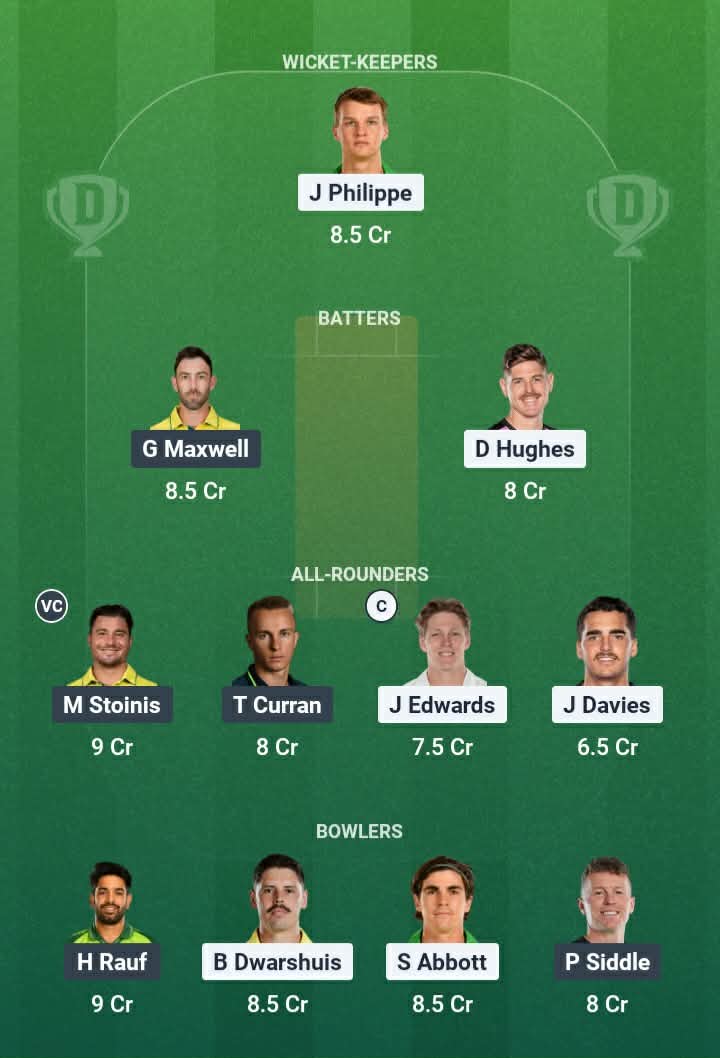 Screenshot from Dream11 app. Possible XIs, Fantasy Cricket Tips, SCG Pitch Report & Dream11 Prediction for the 11th Match of BBL 2025/26: SIX vs STA Today.