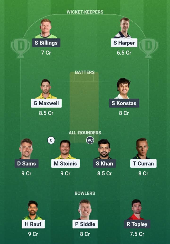 Screenshot from Dream11 app. Possible XIs, Fantasy Cricket Tips, Canberra Pitch Report & Dream11 Prediction for the 14th Match of BBL 2025/26: STA vs THU Today.