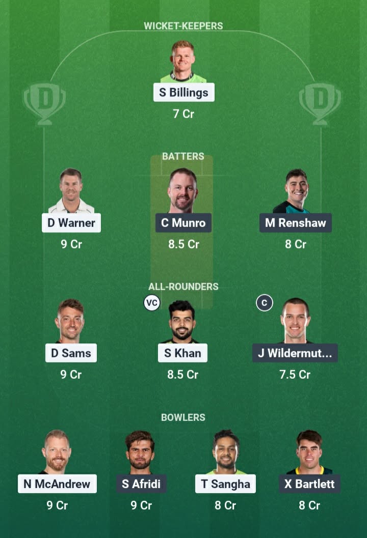 Screenshot from Dream11 app. Possible XIs, Fantasy Cricket Tips, Canberra Pitch Report & Dream11 Prediction for the 9th Match of BBL 2025/26: THU vs HEA Today.