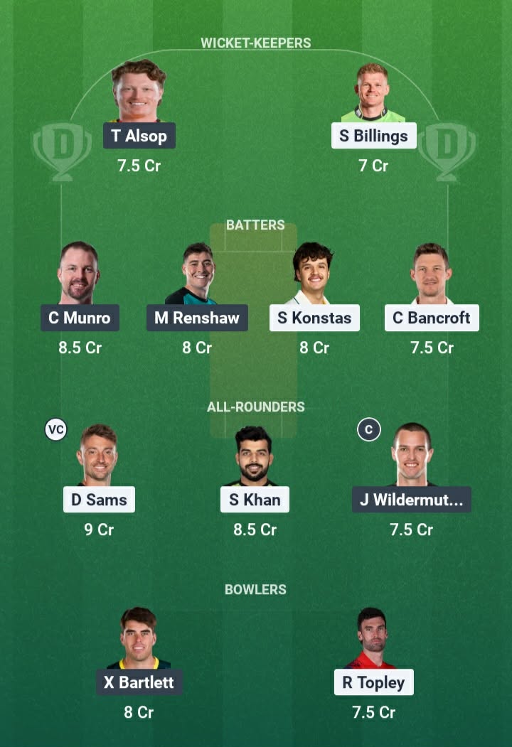 Screenshot from Dream11 app. Possible XIs, Fantasy Cricket Tips, Canberra Pitch Report & Dream11 Prediction for the 9th Match of BBL 2025/26: THU vs HEA Today.