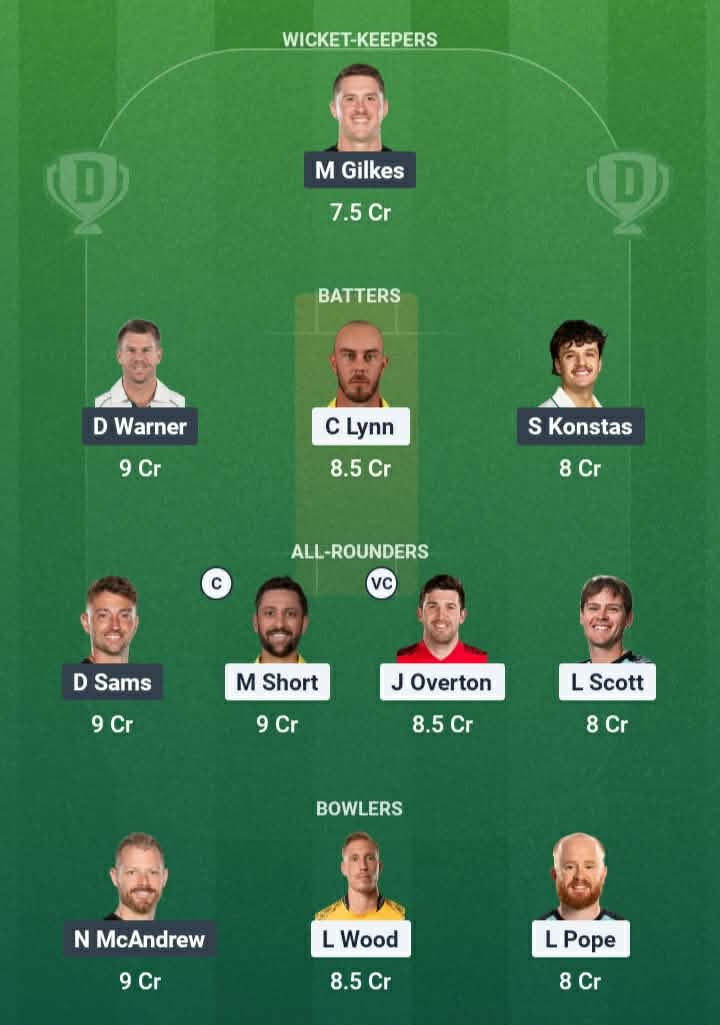 Screenshot from Dream11 app. Possible XIs, Fantasy Cricket Tips, Adelaide Pitch Report & Dream11 Prediction for the 25th Match of BBL 2025/26: STR vs THU Today.