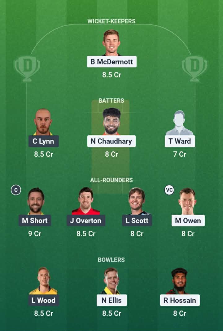 Screenshot from Dream11 app. Possible XIs, Fantasy Cricket Tips, SCG Pitch Report & Dream11 Prediction for the 28th Match of BBL 2025/26: HUR vs STR Today.