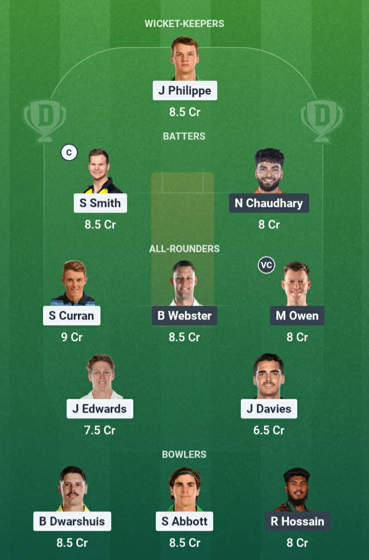 Screenshot from Dream11 app. Possible XIs, Fantasy Cricket Tips, SCG Pitch Report & Dream11 Prediction for the 31st Match of BBL 2025/26: SIX vs HUR Today.