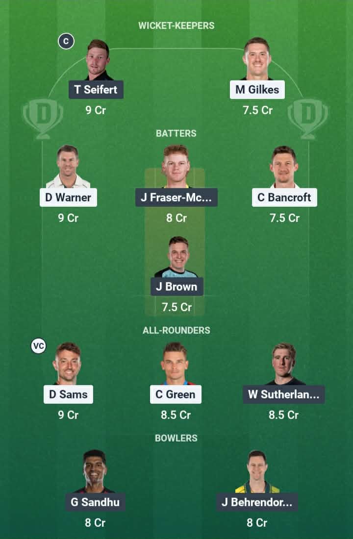 Screenshot Dream11 app. Possible XIs, Fantasy Cricket Tips, Sydney Showground Pitch Report & Dream11 Prediction for the 33rd Match of BBL 2025/26: THU vs REN Today.