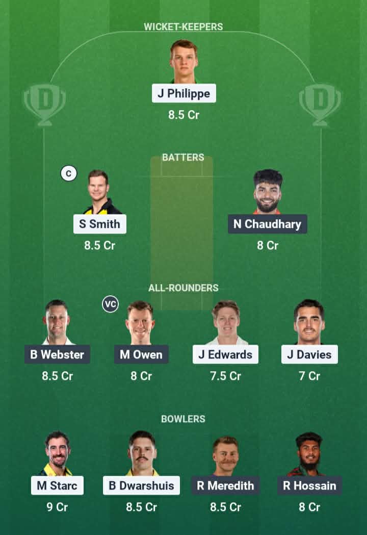 Screenshot from Dream11 app. Possible XIs, Fantasy Cricket Tips, SCG Pitch Report & Dream11 Prediction for the BBL 2025/26 Qualifier: SIX vs HUR Today.
