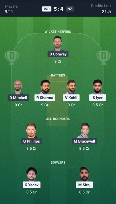 Screenshot from Dream11 app. Possible XIs, Fantasy Cricket Tips, Vadodara Pitch Report & Dream11 Prediction for the 1st IND vs NZ ODI 2026.