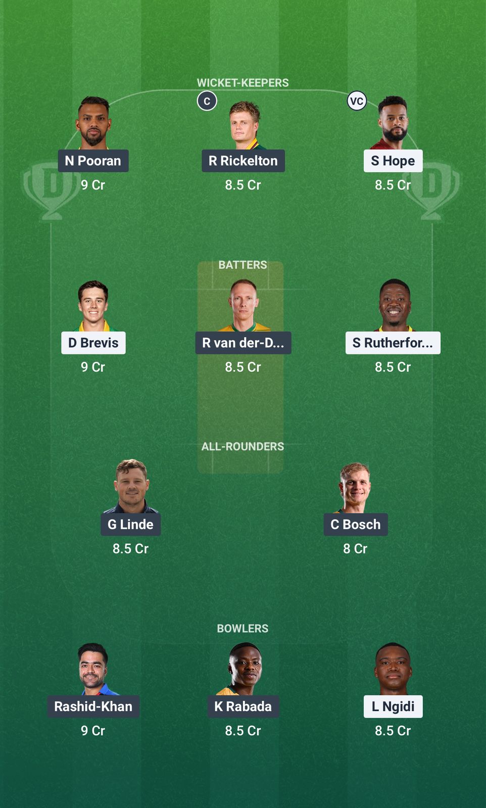 Screenshot from Dream11 app. Possible XIs, Fantasy Cricket Tips, Centurion Pitch Report & Dream11 Prediction for the 22nd Match of SA20 2025/26: PC vs MICT Today.