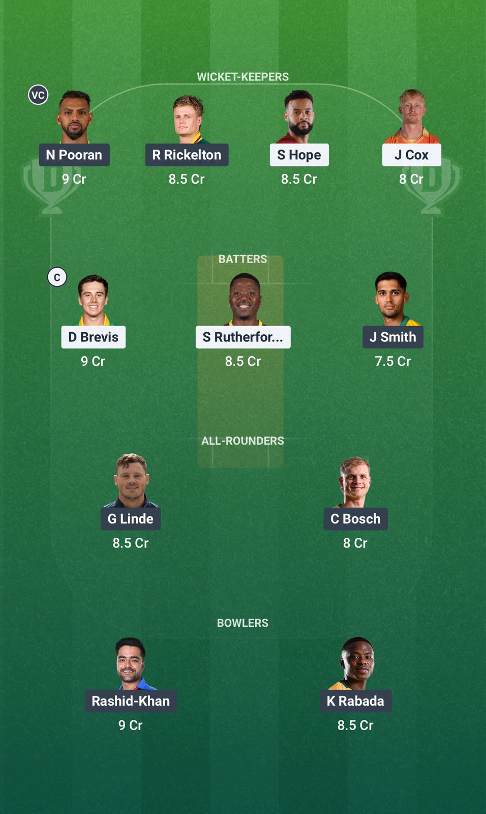 Screenshot from Dream11 app. Possible XIs, Fantasy Cricket Tips, Centurion Pitch Report & Dream11 Prediction for the 22nd Match of SA20 2025/26: PC vs MICT Today.