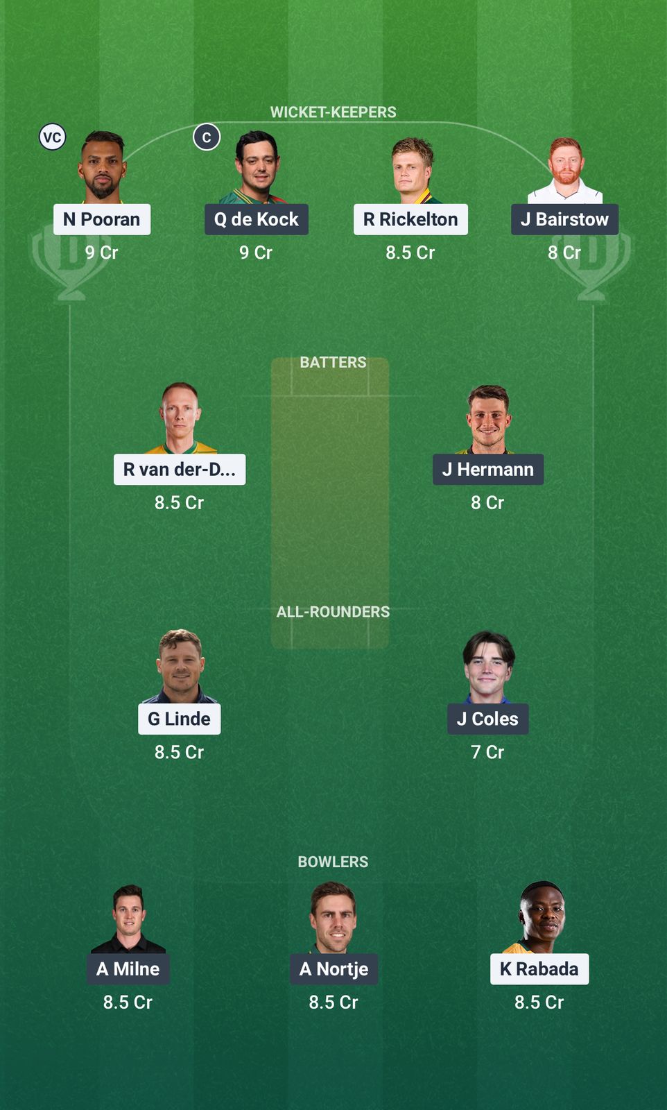 Screenshot from Dream11 app. Possible XIs, Fantasy Cricket Tips, Cape Town Pitch Report & Dream11 Prediction for the 26th Match of SA20 2025/26: MICT vs SEC Today.