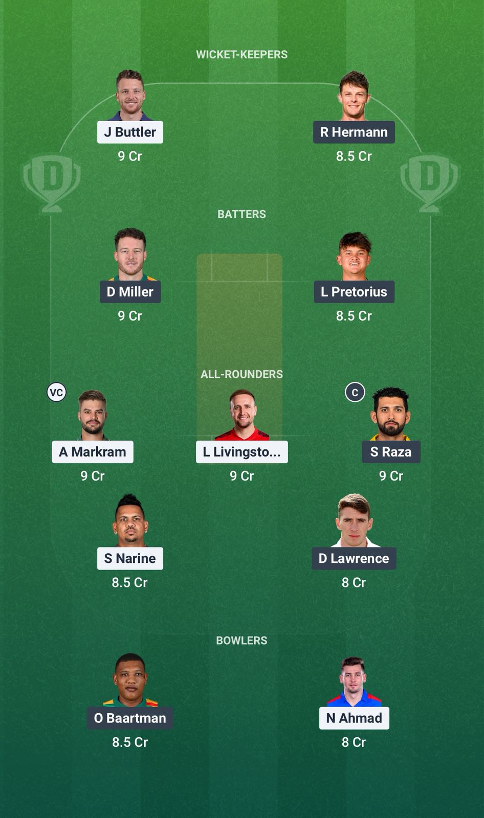 Screenshot from Dream11 app. Possible XIs, Fantasy Cricket Tips, Durban Pitch Report & Dream11 Prediction for the 27th Match of SA20 2025/26: DSG vs PR Today.