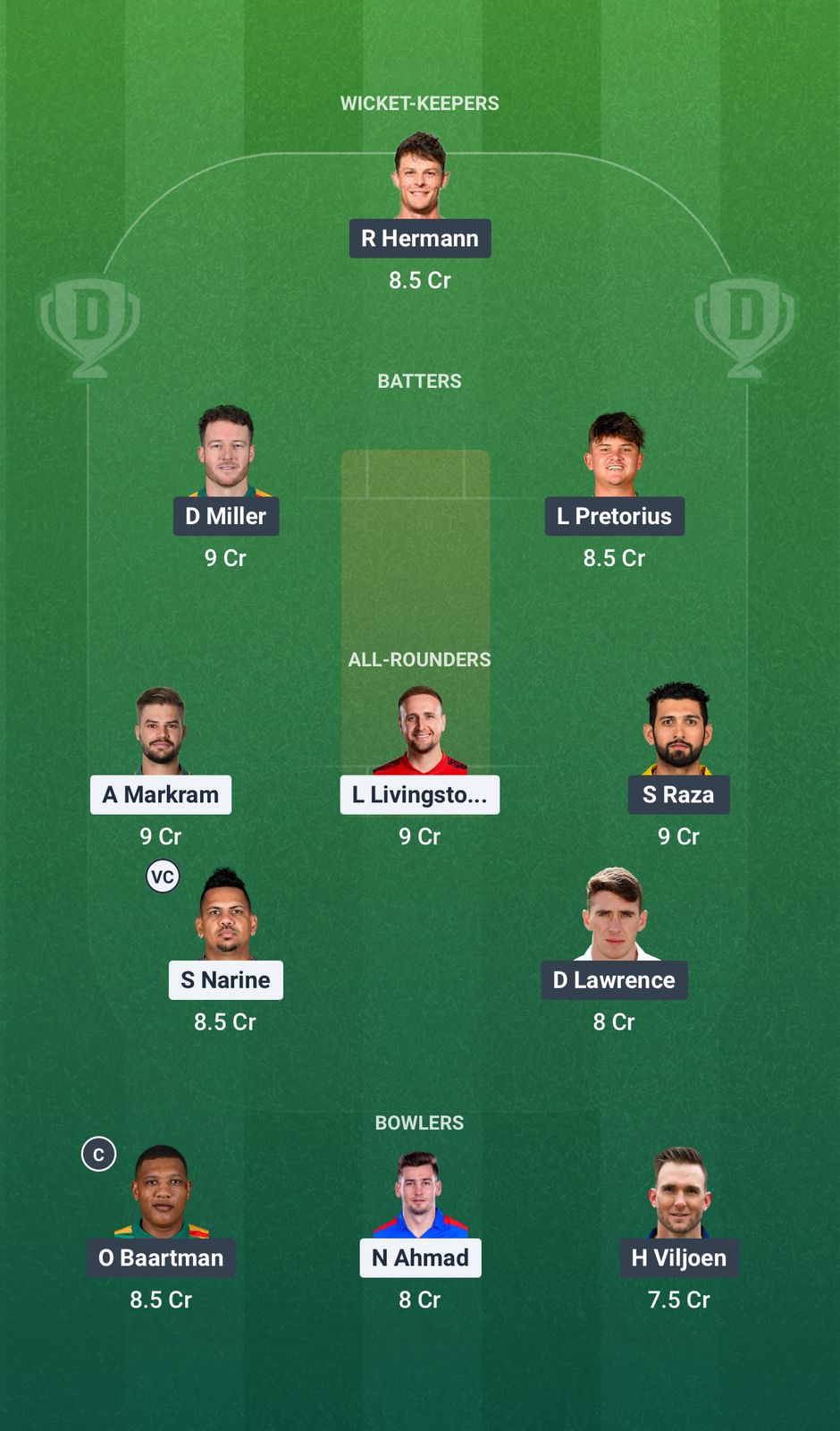 Screenshot from Dream11 app. Possible XIs, Fantasy Cricket Tips, Durban Pitch Report & Dream11 Prediction for the 27th Match of SA20 2025/26: DSG vs PR Today.