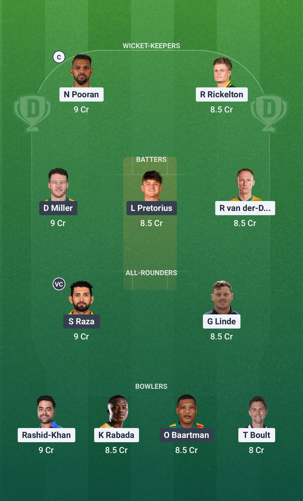 Screenshot from Dream11 app. Possible XIs, Fantasy Cricket Tips, Cape Town Pitch Report & Dream11 Prediction for the 13th Match of SA20 2025/26: MICT vs PR Today.