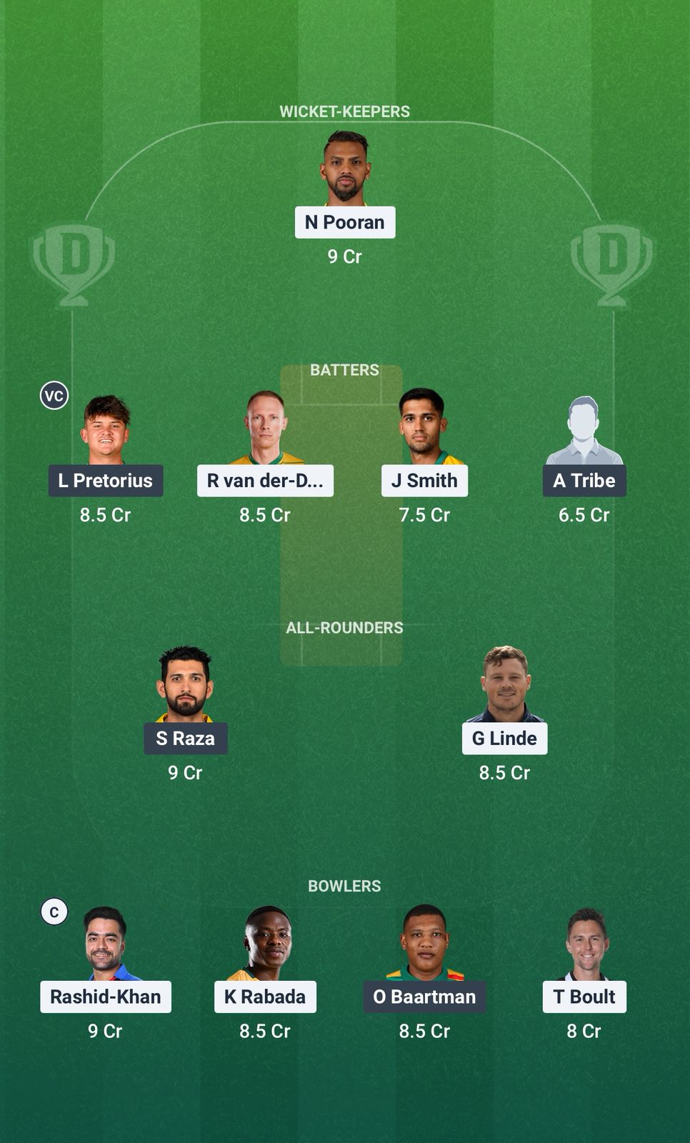 Screenshot from Dream11 app. Possible XIs, Fantasy Cricket Tips, Cape Town Pitch Report & Dream11 Prediction for the 13th Match of SA20 2025/26: MICT vs PR Today.