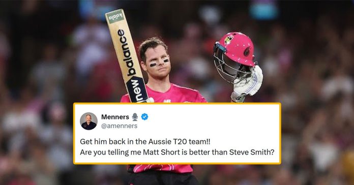 Fans believe Steve Smith should be named in Australia's T20 World Cup squad after smashing 100 off 42 balls for the Sydney Sixers in the BBL.