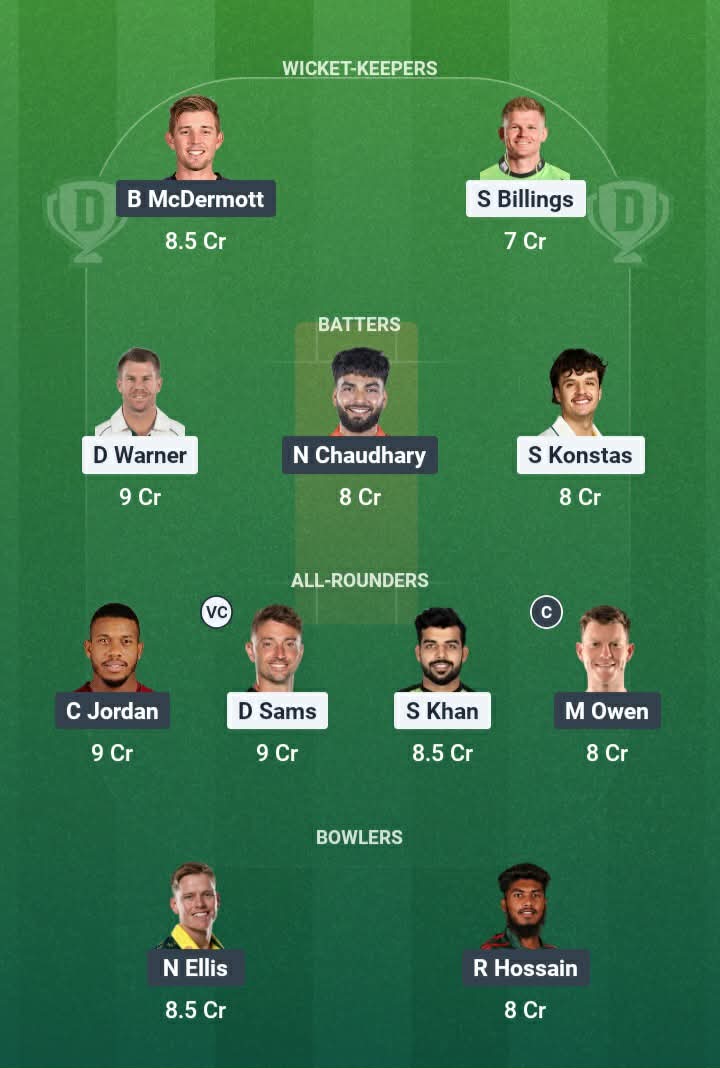 Screenshot from Dream11 app. Possible XIs, Fantasy Cricket Tips, Sydney Showground Pitch Report & Dream11 Prediction for the 21st Match of BBL 2025/26: THU vs HUR Today.