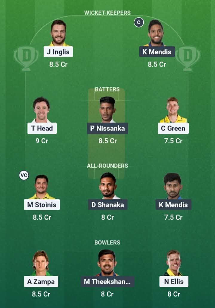 Screenshot from Dream11 app. Possible XIs, Fantasy Cricket Tips, Pallekele Pitch Report & Dream11 Prediction for the 30th Match of the T20 World Cup 2026: AUS vs SL Today.