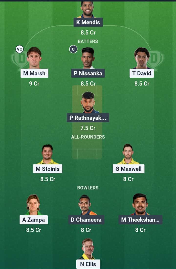 Screenshot from Dream11 app. Possible XIs, Fantasy Cricket Tips, Pallekele Pitch Report & Dream11 Prediction for the 30th Match of the T20 World Cup 2026: AUS vs SL Today.