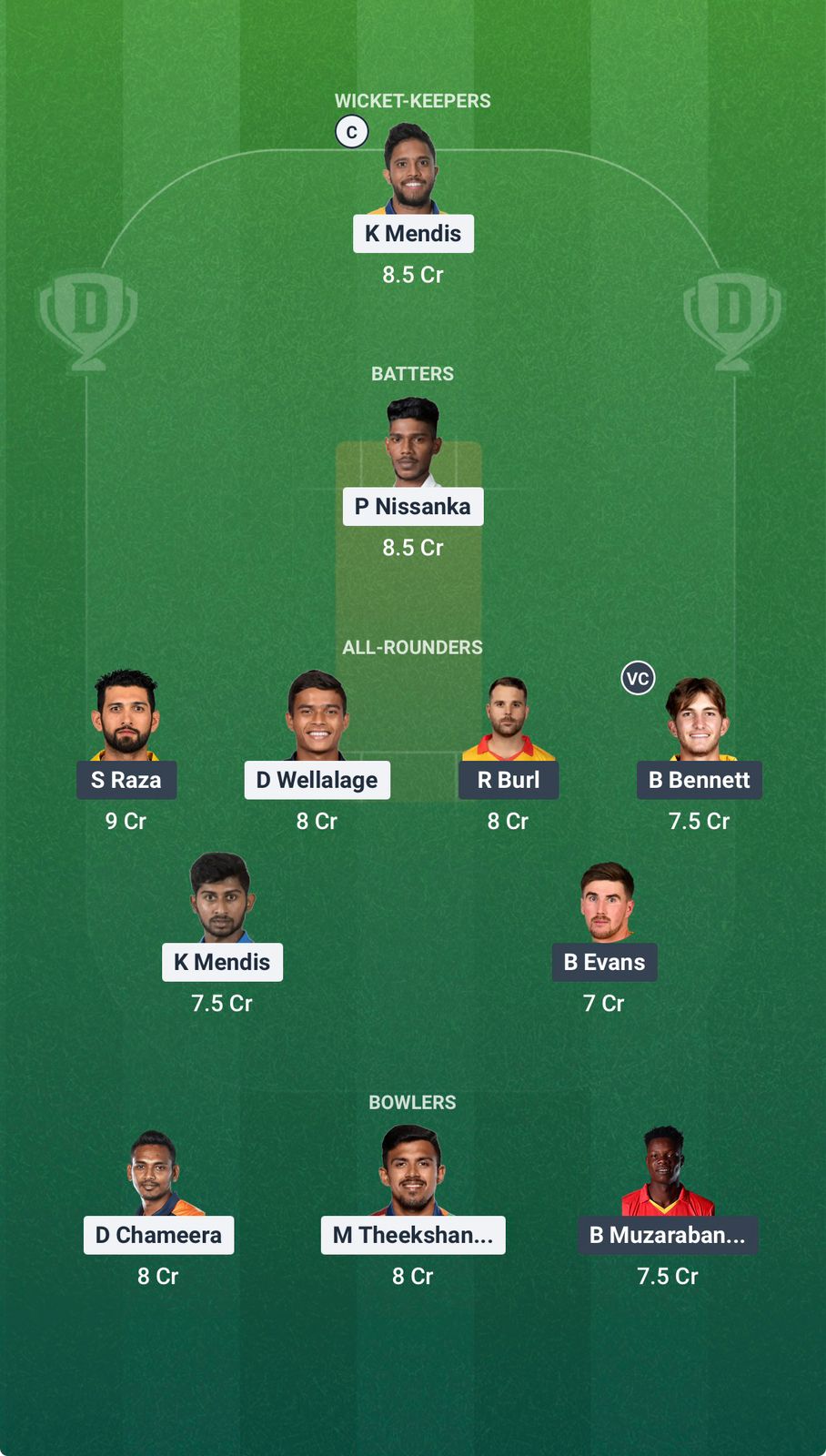Screenshot from Dream11 app. Possible XIs, Fantasy Cricket Tips, Ahmedabad Pitch Report & Dream11 Prediction for the 38th Match of T20 World Cup 2026: SL vs ZIM Today.