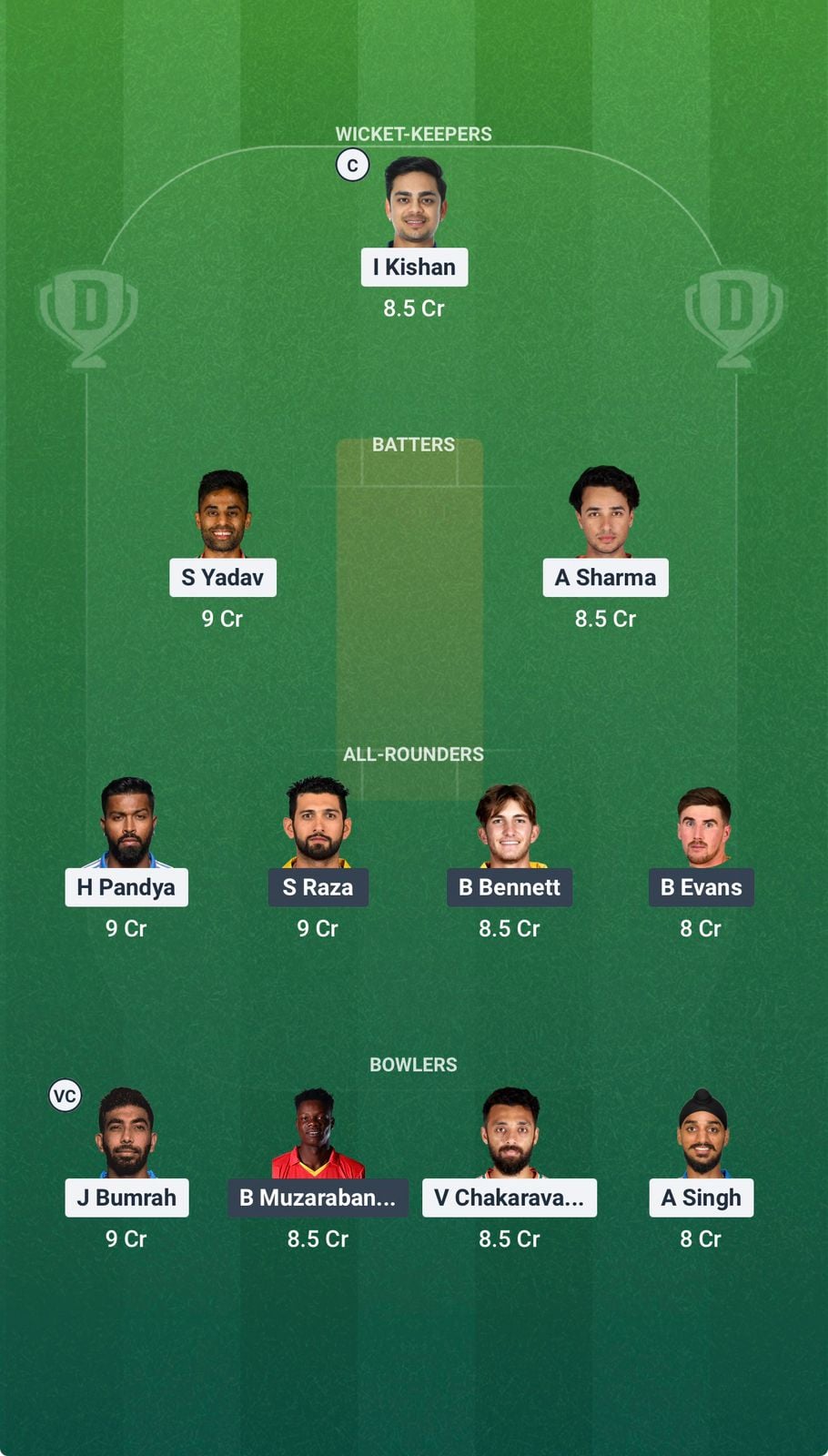 Screenshot from Dream11 app. Possible XIs, Fantasy Cricket Tips, Chepauk Pitch Report & Dream11 Prediction for the 48th Match of T20 World Cup 2026: IND vs ZIM Today.