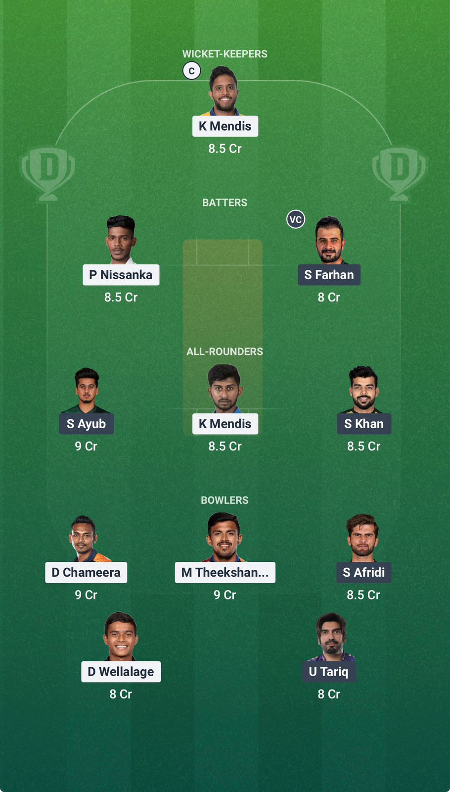 Screenshot from Dream11 app. Possible XIs, Fantasy Cricket Tips, Pallekele Pitch Report & Dream11 Prediction for the 50th Match of T20 World Cup 2026: SL vs PAK Today.