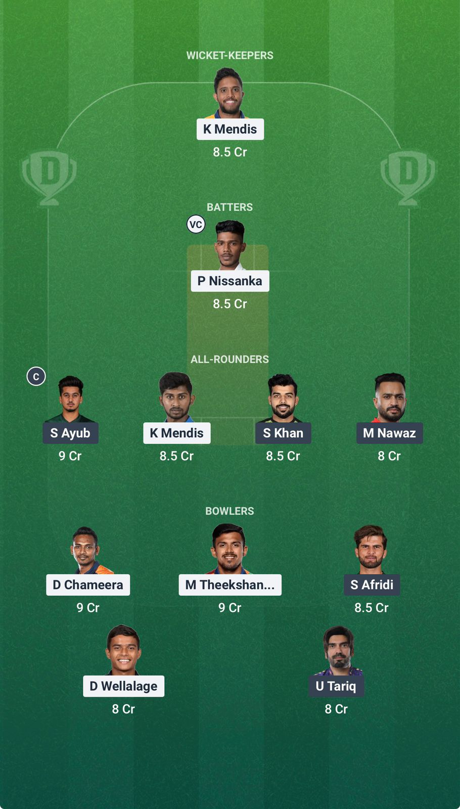 Screenshot from Dream11 app. Possible XIs, Fantasy Cricket Tips, Pallekele Pitch Report & Dream11 Prediction for the 50th Match of T20 World Cup 2026: SL vs PAK Today.