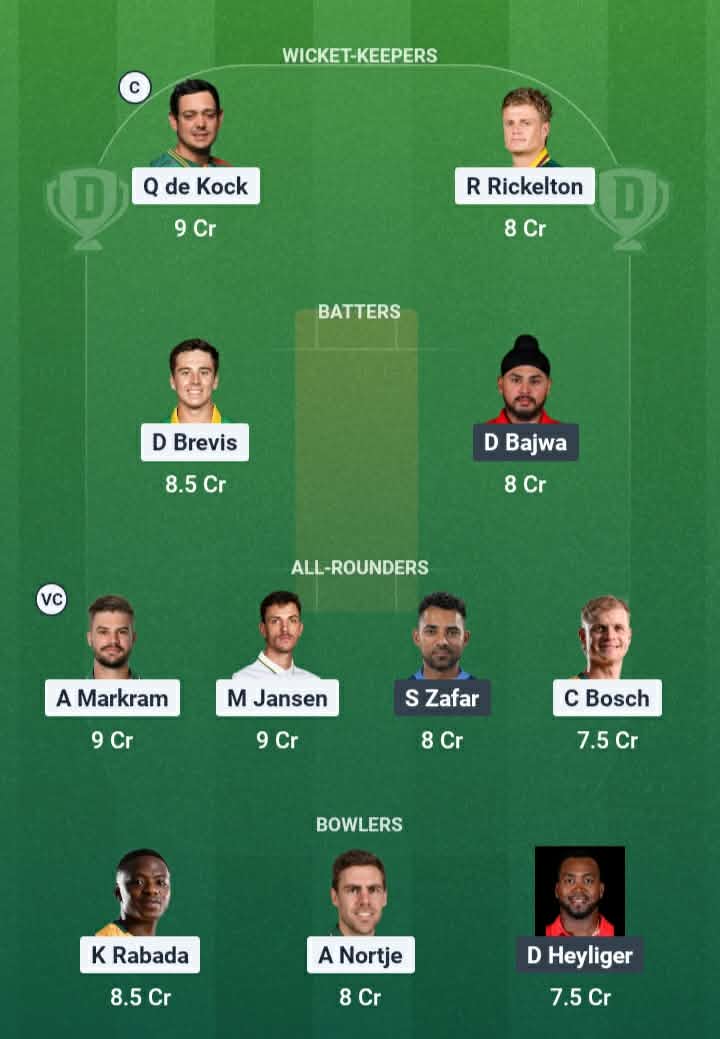 Screenshot from Dream11 app. Possible XIs, Fantasy Cricket Tips, Ahmedabad Pitch Report & Dream11 Prediction for the 9th Match of the T20 World Cup 2026: SA vs CAN Today.